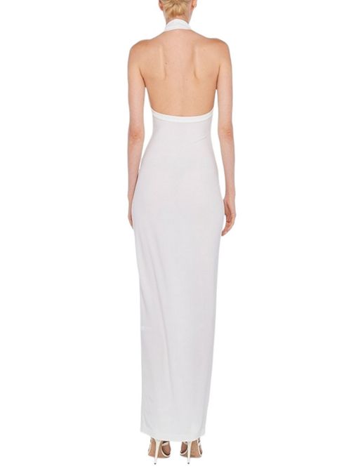 Long sleeveless white jersey women's dress with sash Norma Kamali | ST1243HPD51944SNOW WHITE